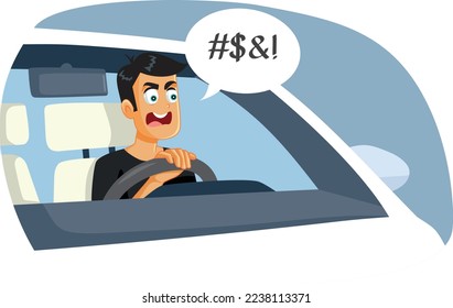 
Stressed Driver Swearing Behind the Wheel Vector Cartoon Illustration. Man driving a car in feeling stressed and outraged using sweat words
