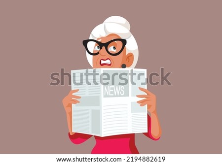 
Stressed Elderly Woman Reading a Newspaper Vector Cartoon Illustration. Elderly person checking an important article panicking living in fear
