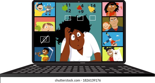 Stressed Elementary School Teacher Having Problems Conducting A Lesson Via Video Chat With Her Students, EPS 8 Vector Illustration