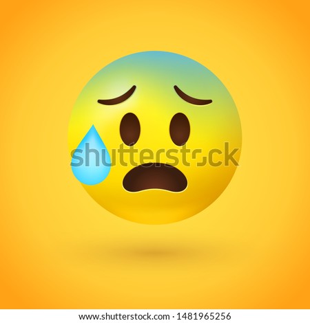 Stressed emoji with yellow face, small, open eyes, a slight frown, and furrowed eyebrows, with pale blue forehead and a single bead of sweat drop, as if from concern or anxiety