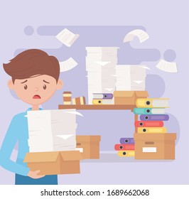 stressed employee with box and pile papers in the office. work frustration vector illustration