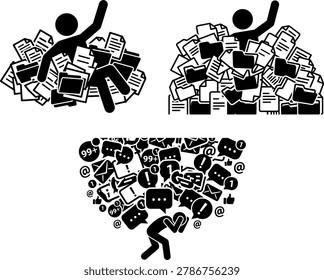 Stressed Employee Drowning in Paperwork and Message Overload Vector Icon Set, Office Worker Buried in Document Piles and Crushed by Social Media Notifications Concepts