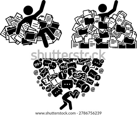 Stressed Employee Drowning in Paperwork and Message Overload Vector Icon Set, Office Worker Buried in Document Piles and Crushed by Social Media Notifications Concepts
