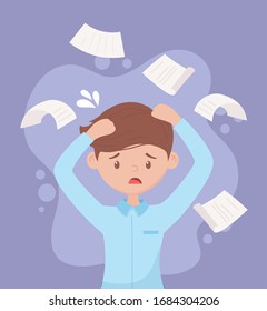 stressed employee with hands in head paperwork falling vector illustration