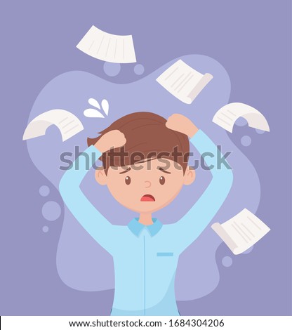 stressed employee with hands in head paperwork falling vector illustration