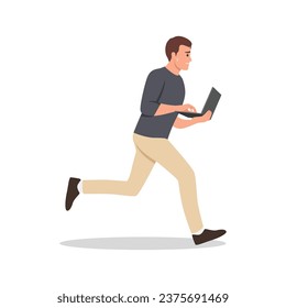 Stressed employee hurrying, hectic about missing work deadline, time limits. Busy office worker late, rushing with laptop. Flat vector illustration isolated on white background