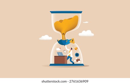 A stressed employee juggling work deadlines and digital alerts within a time constraint symbolizes the pressure of modern professional life