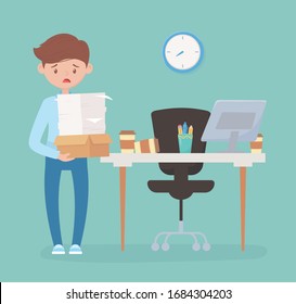 gestresster Mitarbeiter mit vielen Papieren und Kisten im Büro arbeiten Frustration Stress Vektorillustration Illustration