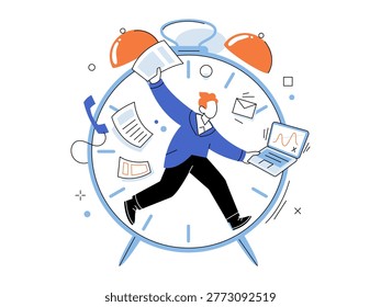 Stressed employee running inside a giant alarm clock vector illustration. Time management, deadlines, productivity, burnout, stress, multitasking. Busy corporate manager rushing in an old timepiece