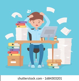 stressed employee working at desk with boxes stack of documents and laptop vector illustration