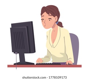 Stressed Employee Working Overtime, Overloaded Female Office Worker Sitting at Workplace in Office Vector Illustration