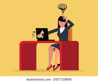 Stressed employees. Angry business woman breaks her laptop compute