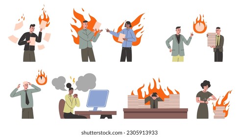 Stressed employees. Conflict situations in office. Business people work. Tense atmosphere. Flamed busy characters. Angry men and women. Colleague quarrel. Vector anxiety