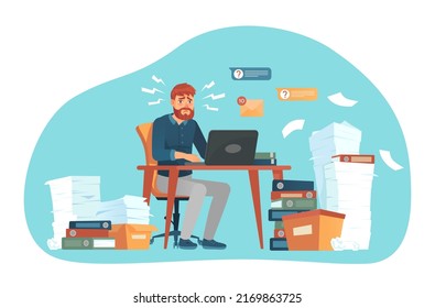 Stressed employees working at office overtime concept. Vector employee works overtime, job stress for worker, illustration of business deadline