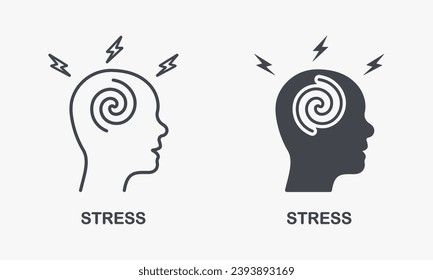 Stressed Exhausted Brain and Human Head, Migraine Silhouette and Line Icon Set. Stress, Dizzy, Anxiety, Depression Pictogram. Headache, Tension Symbol Collection. Isolated Vector Illustration.