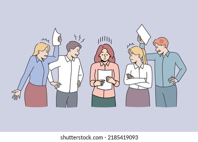 Stressed exhausted businesswoman among unhappy demanding colleagues in office. Woman employee feel overworked annoyed with coworkers. Burnout concept. Vector illustration. 