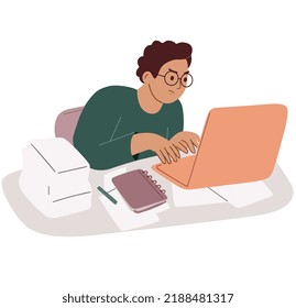 Stressierter und erschöpfter Mann bei der Arbeit. Angst und Müdigkeit am Arbeitsplatz. Abschaltkonzept. Druck am Arbeitsplatz.
