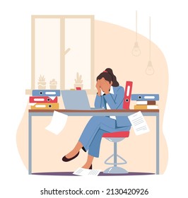 Stressed Exhausted Overloaded Worker Stress and Deadline Fatigue Concept. Burned Down Businesswoman in Depression Sitting at Office Desk with Headache and Unfinished Work. Cartoon Vector Illustration