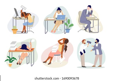 Stressed exhausted tired business people at workplace, vector flat isolated illustration. Overworked stressed people sitting at tables, arguing with each other, holding help sign. Emotional burnout.