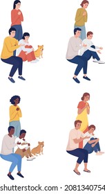 Stressed family members with pet semi flat color vector characters set. Full body people on white. Family crisis isolated modern cartoon style illustrations collection for graphic design and animation