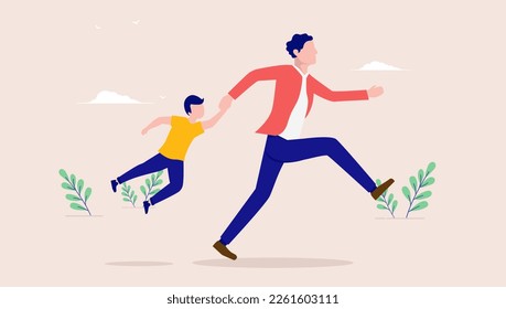 Stressed father - Dad running together with child holding hand in a hurry. Parenting time crunch and stress concept. Flat design vector illustration