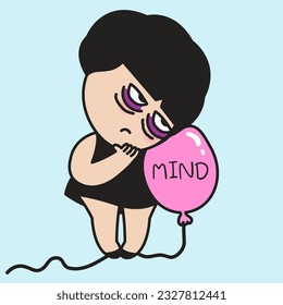 Stressed And Fatigued Young Woman Resting Head On Mind Balloon. Psychology And Feelings Of Freeing Mind, Balloon Metaphor Concept Card Character illustrationai