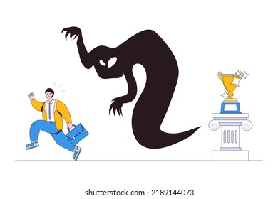 Stressed or fear on failure, think negative or anxiety in career development, afraid of progress forward concepts. Depressed panic businessman runaway from devil haunted shadow who guarding success.