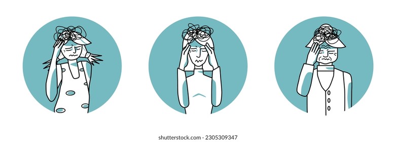 Stressed female circle icons set. Young, adult and old women suffer with stress, emotion of anxiety, cover head with hands. Mint color, line art drawing human characters, sketched style.