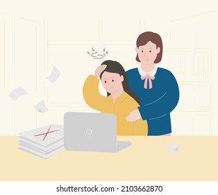 A Stressed Female Employee Illustration Set. Cheering, Paper, PC, Notebook Desk, Office. Vector Drawing. Hand Drawn Style.