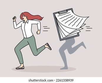 Stressed female employee running from office paperwork. Unhappy businesswoman rushing from documents overwhelmed with job. Workload. Vector illustration. 