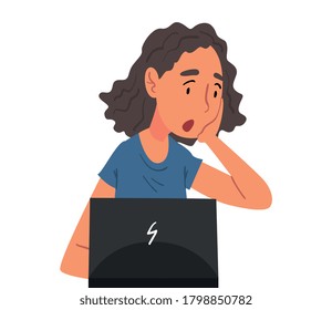Stressed Female Office Manager Sitting in front of Computer, Surprised Woman Working with Laptop Vector Illustration on White Background