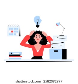 Stressed female office worker with stacks of documents and a lightbulb. Flat vector illustration of work overload, problem solving, business ideas, and deadline pressure, isolated on white