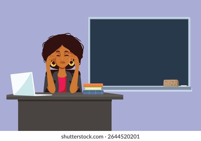 
Stressed Female Teacher Suffering Headache Vector Cartoon Illustration 
Professor feeling overwhelmed with stress in her teaching career 
