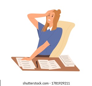 Stressed female worried about paperwork sitting at desk vector flat illustration. Frustrated woman make mistake in documents isolated. Nervous office worker having problem or misunderstanding