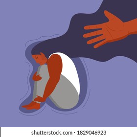 Stressed, frustrated black girl concept vector. Scene of accusation in life, depression in work. Human hand helps lonely woman. Upset girl with long hair sits and hugs her knees.