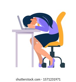 Stressed and frustrated concept with exhausted female business woman at office sleeping at the table. Cartoon vector