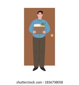 Stressed frustrated fired man office worker standing holding box of work things