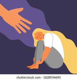 Stressed, frustrated girl concept vector. Scene of accusation in life, depression in work. Human hand helps lonely woman. Upset girl with long hair sits and hugs her knees.