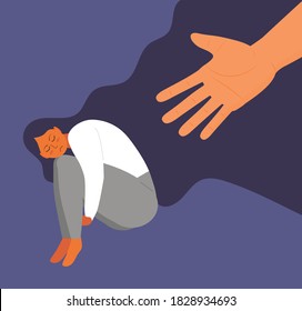 Stressed, frustrated girl concept vector. Scene of accusation in life, depression in work. Human hand helps lonely woman. Upset girl with long hair sits and hugs her knees.