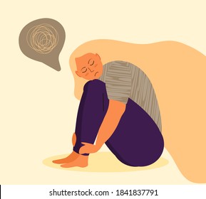 Stressed, frustrated girl concept vector. Scene of accusation in life, depression in work. Upset girl with long hair sits and hugs her knees. Difficult task, problem illustration.