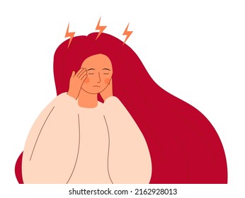 Stressed, frustrated girl concept vector. Horror, shock and scene of accusation in life, depression in work. Upset girl with lightnings Difficult task, problem illustration. 