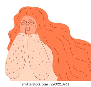 Stressed, frustrated girl concept vector. Scene of accusation in life, depression in work. Upset girl with long hair crying. Difficult task, problem illustration.