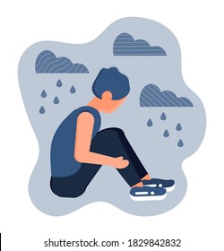 Stressed, frustrated man concept vector. Scene of accusation in life, depression in work.  It is raining and cloudy. Upset boy sits and hugs her knees.