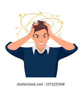 Stressed and frustrated man squeezing head with hands. Vector