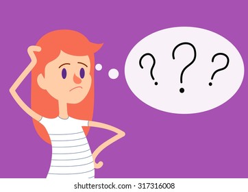 Stressed ginger girl has many questions in bubble. Flat illustration about thinking person