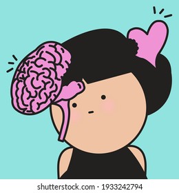 Stressed Girl Was bit From Grumpy Mild And Brain. Brain And Mental Depression Disorder Concept Card Character illustration