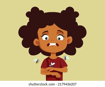 
Stressed Girl Bitten by Annoying Mosquitoes Vector Illustration. Little child having a skin rash reaction after being bitten by insects
