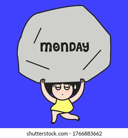 Stressed Girl Carrying A Very Big And Heavy Monday Rock Concept Card Character illustration