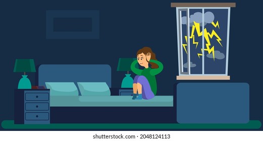 Stressed Girl Covers Ears With Hands Sitting At Home While It Rains Outside Window With Thunderstorm. Woman Is Afraid Of Loud Sounds, Fear Lightning. Acoustic Phobia, Female With Scared Face Emotion