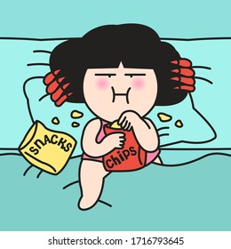 Stressed Girl With Demon Hands Besides Her Head Craving Snacks On Bed During Quarantine Concept Card Character illustration